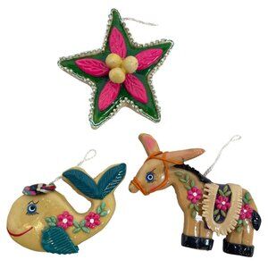 Handcrafted Mexican Folk Art Ornaments Set Of 3 - Donkey Fish & Star Design With
